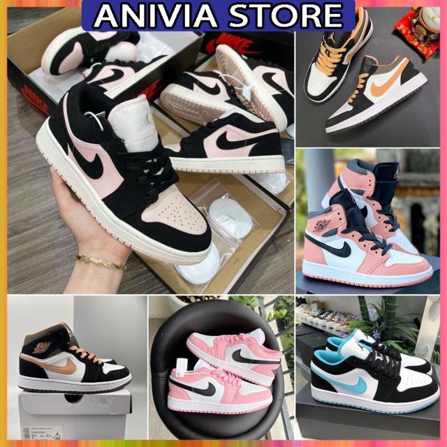 Giày thể thao nữ Jordan màu hồng cổ cao cổ thấp, giày sneaker nữ JD1 màu hồng đen cao cổ thấp cổ Pink high, low