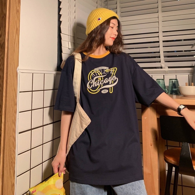 Áo thun phông cổ phối nam nữ PINK tay lỡ form rộng CHICAGO 97 Unisex