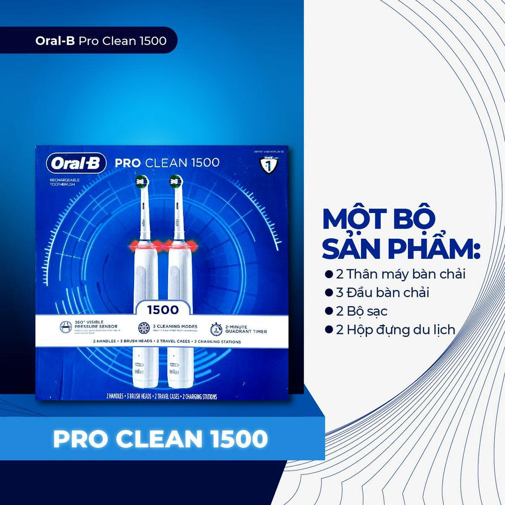 Bàn Chải Điện Oral-B Pro Clean 1500 - Combo Cặp Đôi, 2 Thân chải, 3 Đầu Thay &amp; 2 Travel Case, 3 Chế Độ, Made In Germany