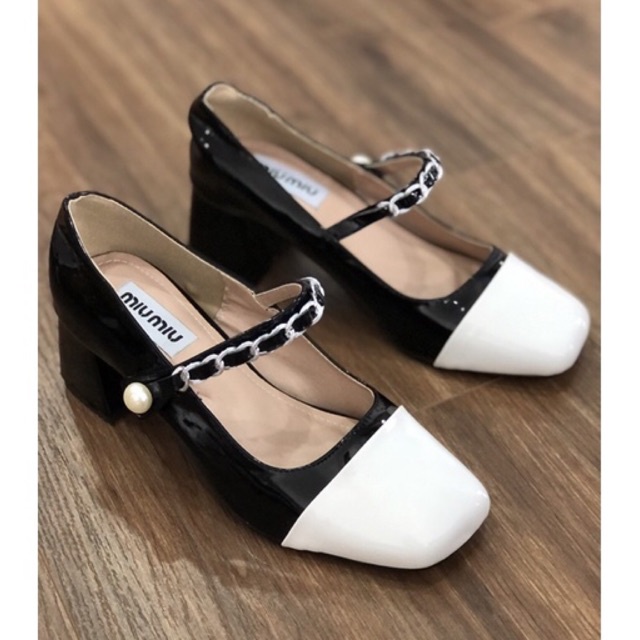 GIÀY CAO GÓT NỮ MI.U M.IU QUAI XÍCH PHỐI NGỌC GÓT VUÔNG 6 PHÂN