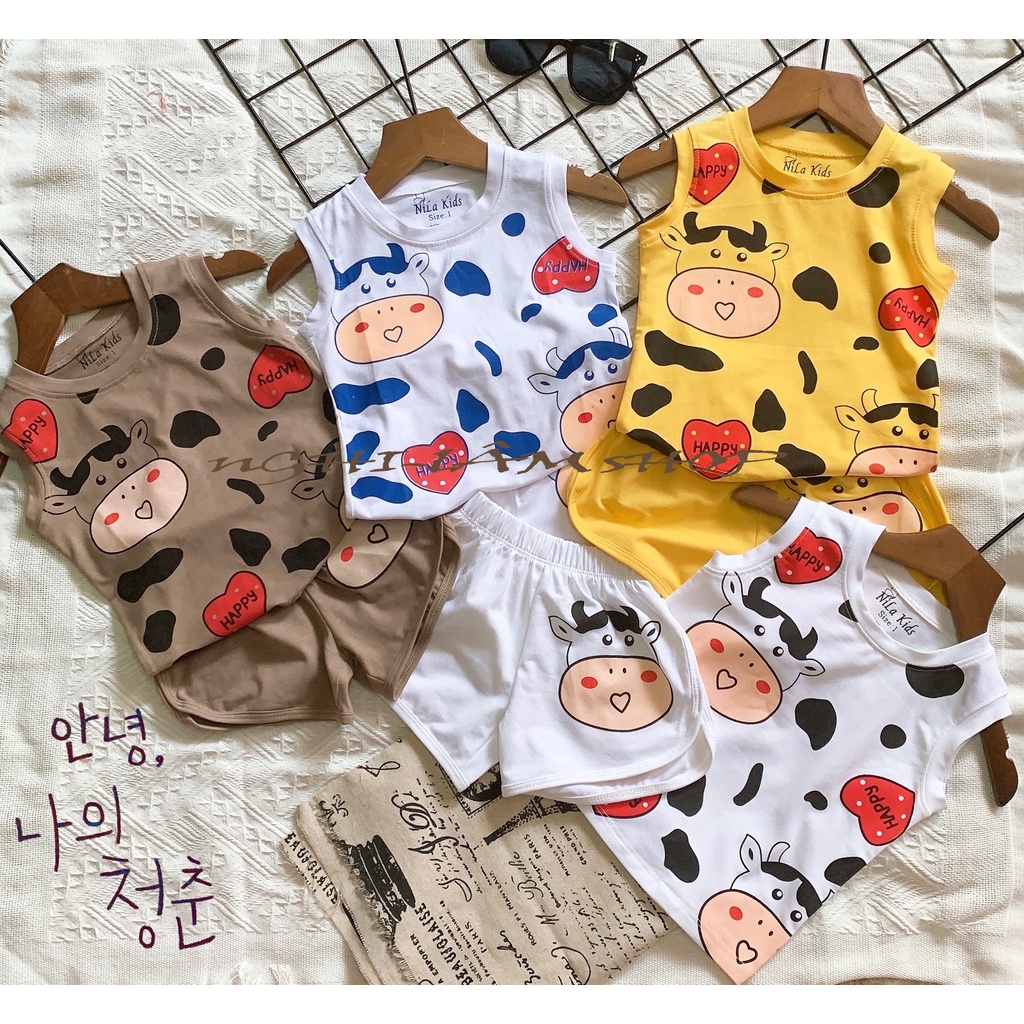 Đồ bộ bé trai sát nách in hình bò sữa chất liệu thun cotton 100% co giản 4 chiều cho bé từ 8-23kg