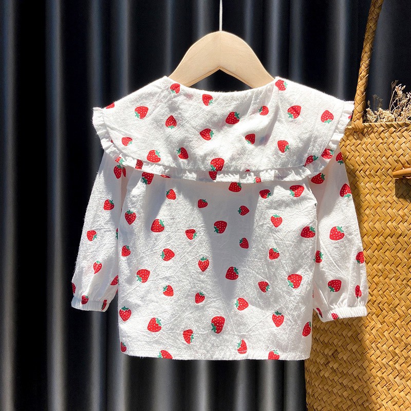 AG02 - Áo sơ mi cổ tròn bé gái, áo kiểu tiểu thư, họa tiết dâu tây  - Richkid123
