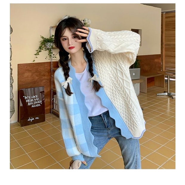 Áo khoác len cardigan phối màu điểm họa tiết caro phiên bản Hàn Quốc.
