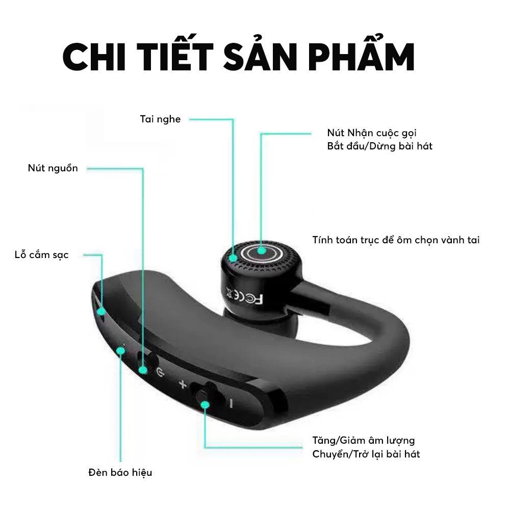 Tai nghe bluetooth nghe nhạc mini không dây GrownTech V9 gắn chip bluetooth CRS  kèm mic, nút đệm tai mẫu mới 2022