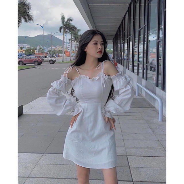 Đầm rớt vai tay bo chun