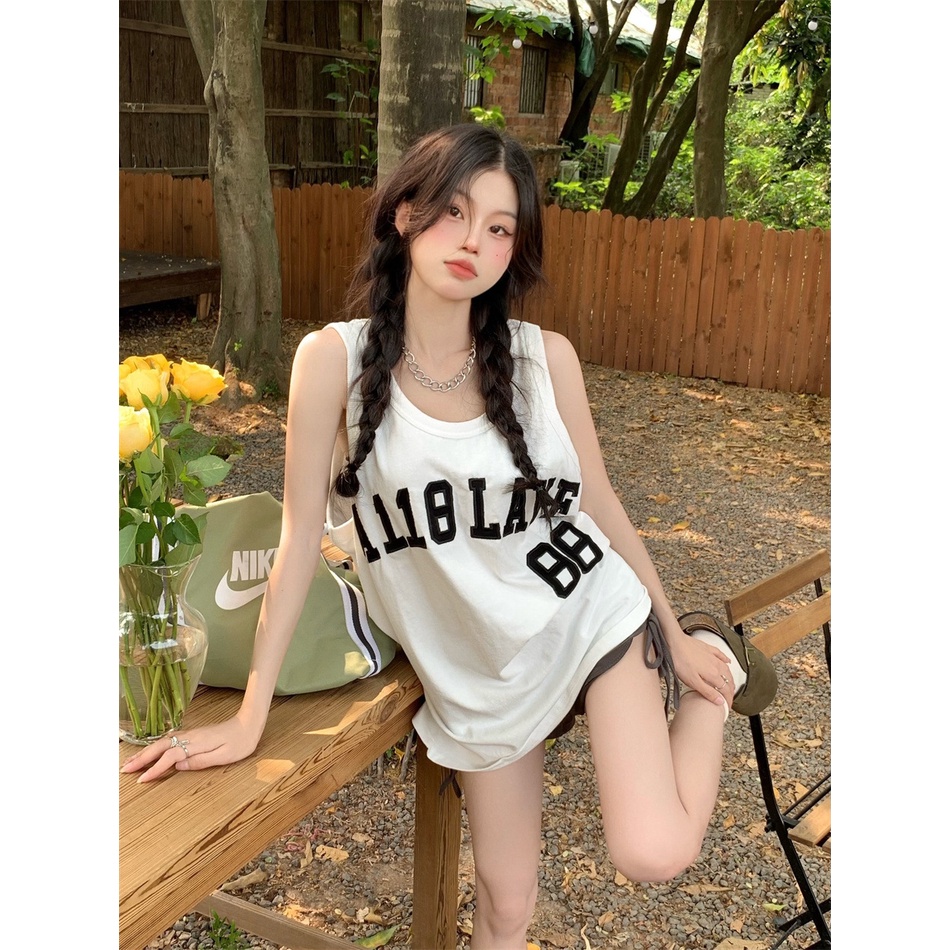 Áo Thun Sát Nách Dáng Rộng Thêu Họa Tiết Phong Cách Retro Mỹ Thời Trang Cho Nữ