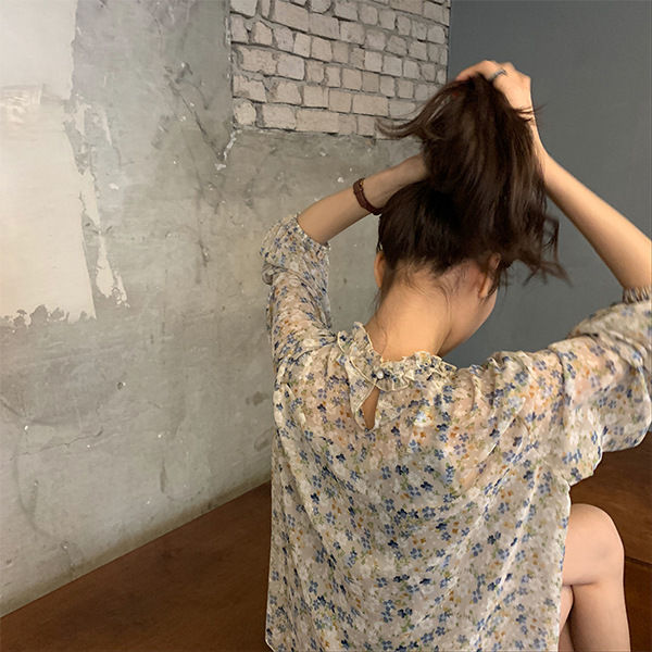 Áo chiffon BH dáng rộng tay dài họa tiết hoa thời trang dịu dàng cho nữ