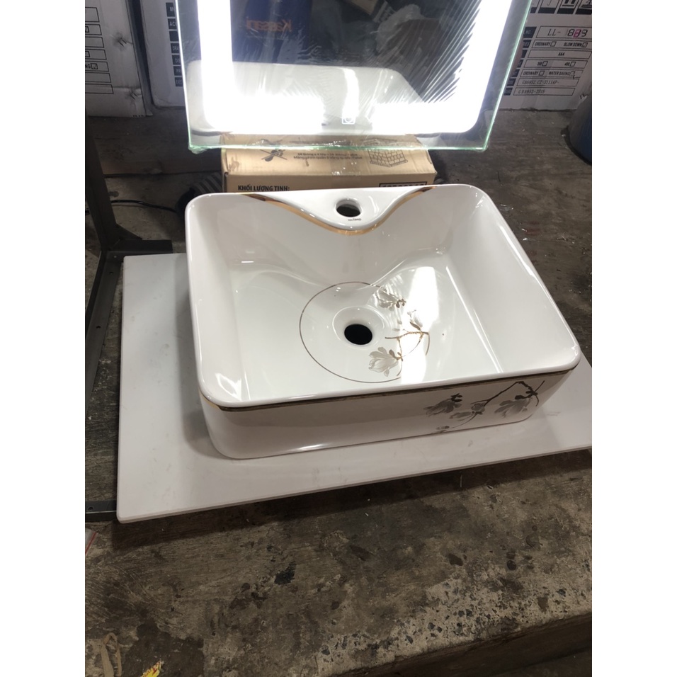 Chậu rửa mặt lavabo Đặt Bàn Đá 8816HV-HOA VÀNG thương hiệu NA.GRAND, men NANO trắng sáng chống ố chống bám bẩn