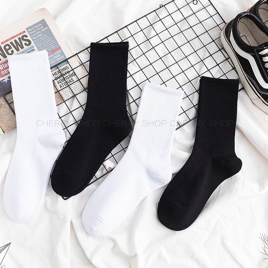 Tất cao cổ nữ nam phong cách Vintage Hàn Quốc, vớ cổ cao nữ nam trắng đen dễ phối đồ