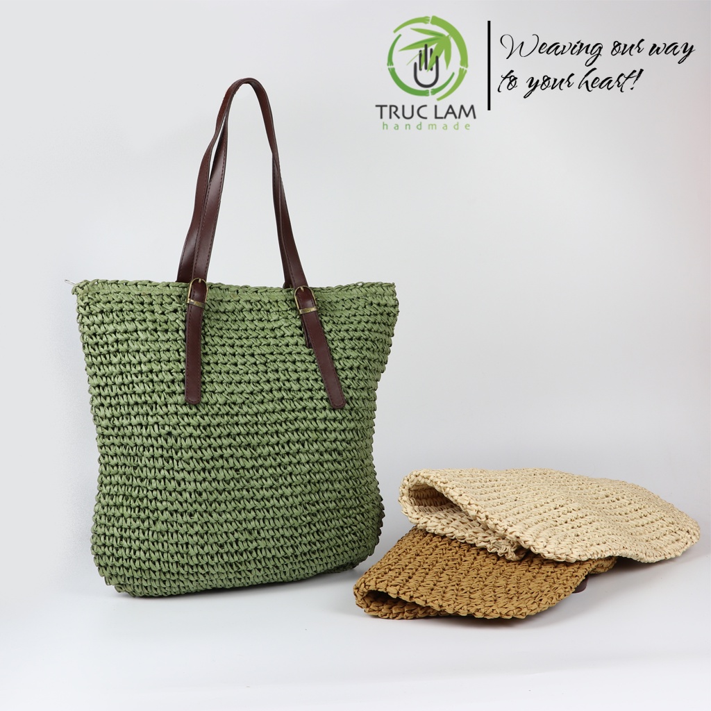 Túi Cói Tote Thời Trang Nữ Quai Da Mẫu Trơn – Trúc Lâm Handmade