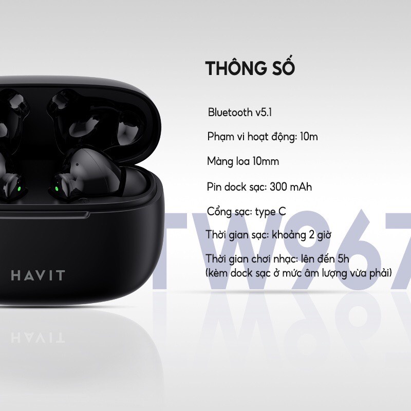 Tai Nghe TWS Havit TW967 Bluetooth 5.1, Thiết Kế Công Thái Học, Driver 10mm, Nghe Nhạc Đến 5H - Chính Hãng BH 12 Tháng
