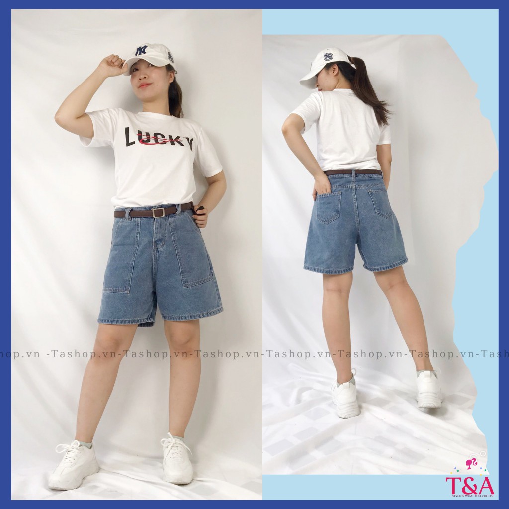 Quần Shorts Jeans Nữ Ống Rộng Túi Vuông Màu Xanh Nhạt Kèm Đai Nhân Cá Tính - 518