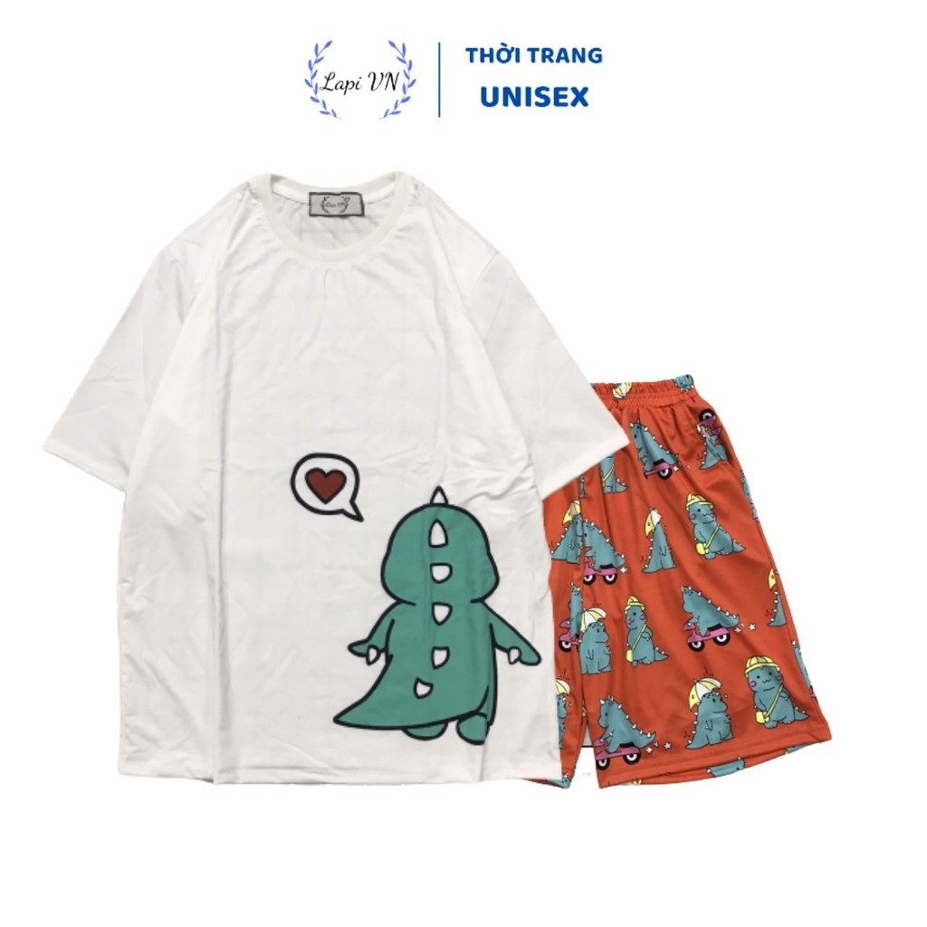 Set Bộ Khủng Long Cam From Rộng Unisex - Lapi VN, Đồ Bộ Mặc Nhà Tay Lỡ Freesize, Nam Nữ Đều Mặc Được