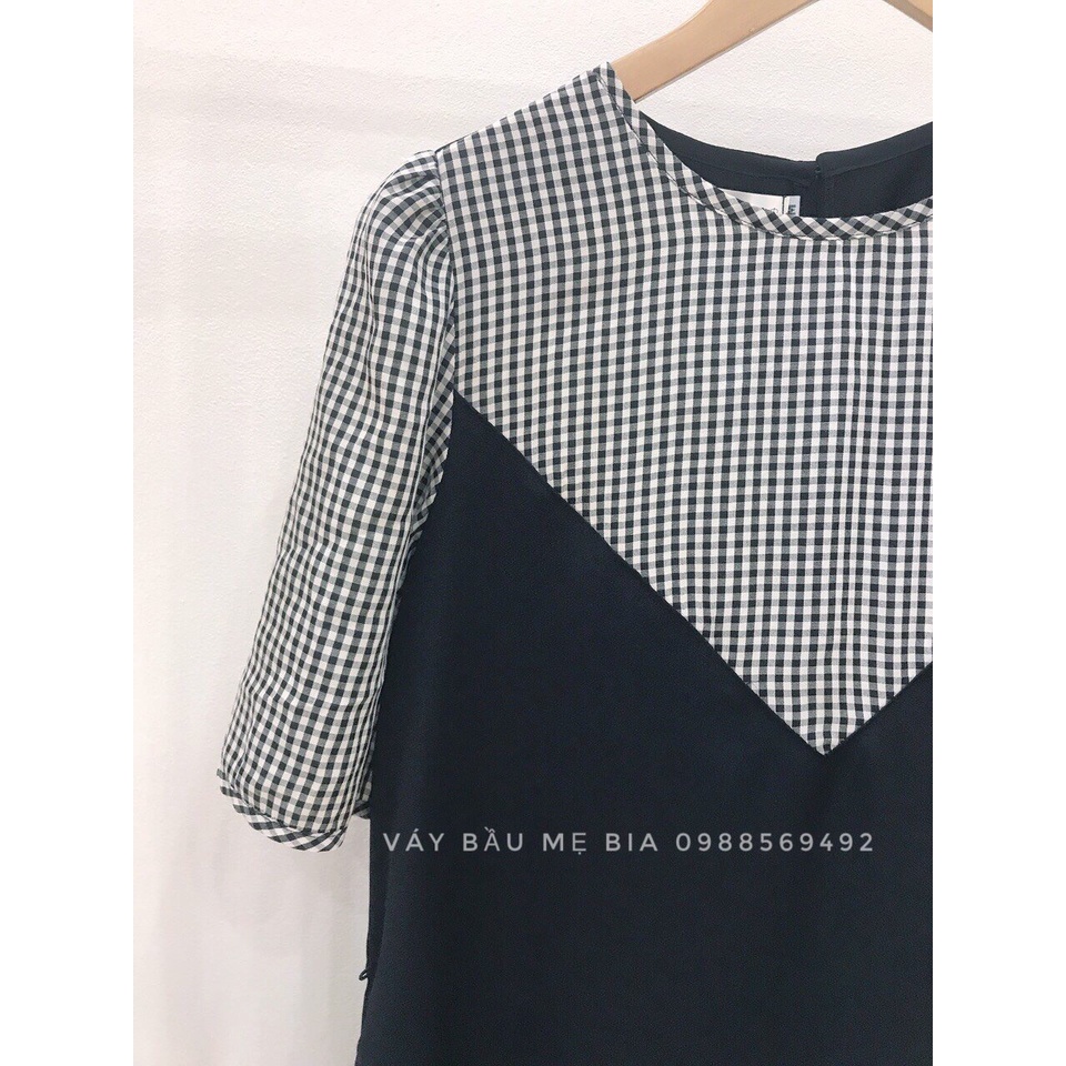 Váy bầu bigsize - Đầm bầu thiết kế GuMe màu đen phối  kẻ caro đen tay lỡ chất vải sạn lụa size từ 40-100kg MB250