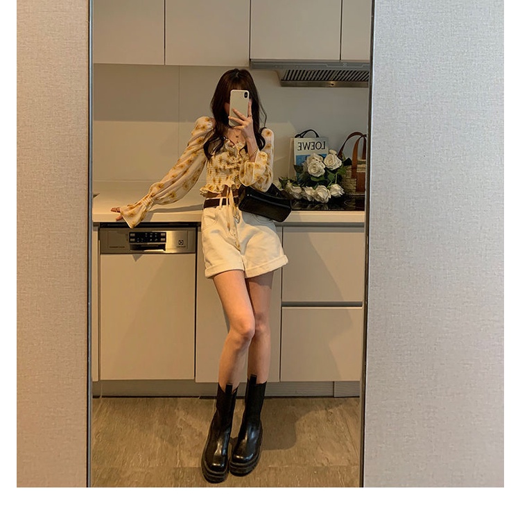 Áo Kiểu Chiffon Tay Phồng Cổ Vuông Họa Tiết Hoa Phong Cách Pháp