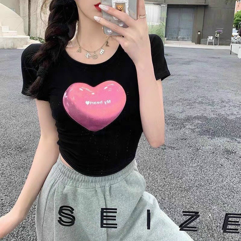 áo croptop in tim to hồng chất thun lụa na