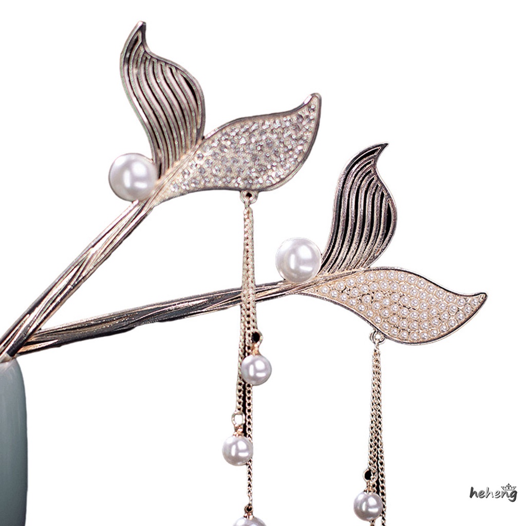 Pearls Hair Pin Sticks Handmand Retro Fishtail Hair Fork with Pearls Tassel for Women Girls Long Hair