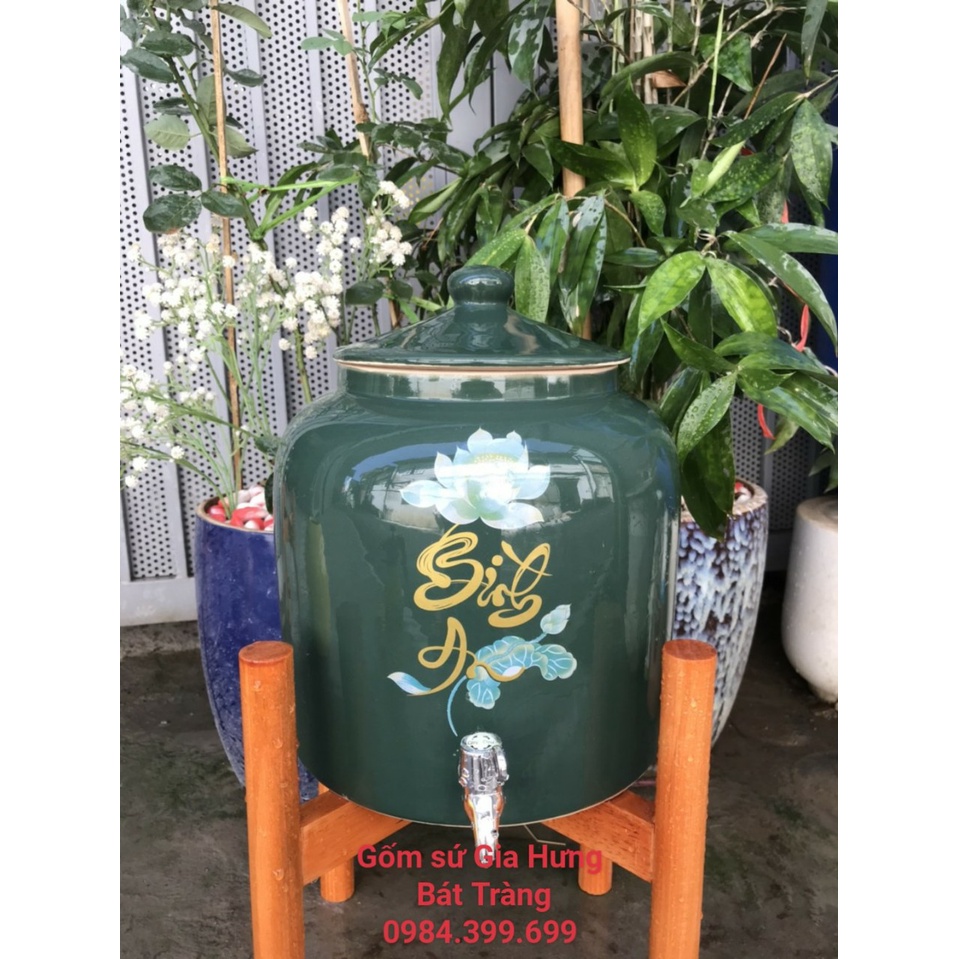 Bình nước gốm sứ Bát Tràng loại 8lit + 10L màu xanh lục bảo