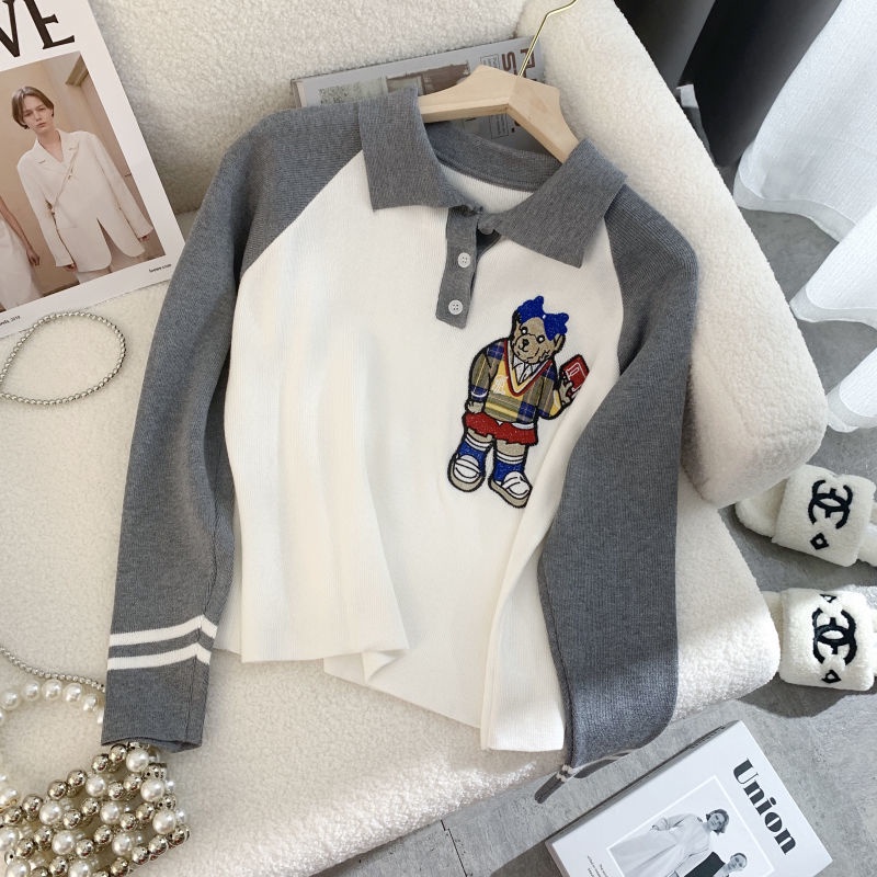 Áo sweater Cổ polo Thêu Hình Gấu Mới Phong Cách Mùa Thu Cho Nữ