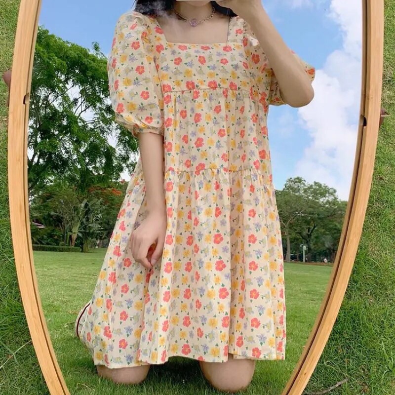 VÁY BABY DOLL HOA NHÍ, CỔ VUÔNG THẮT NƠ TIỂU THƯ | BigBuy360 - bigbuy360.vn