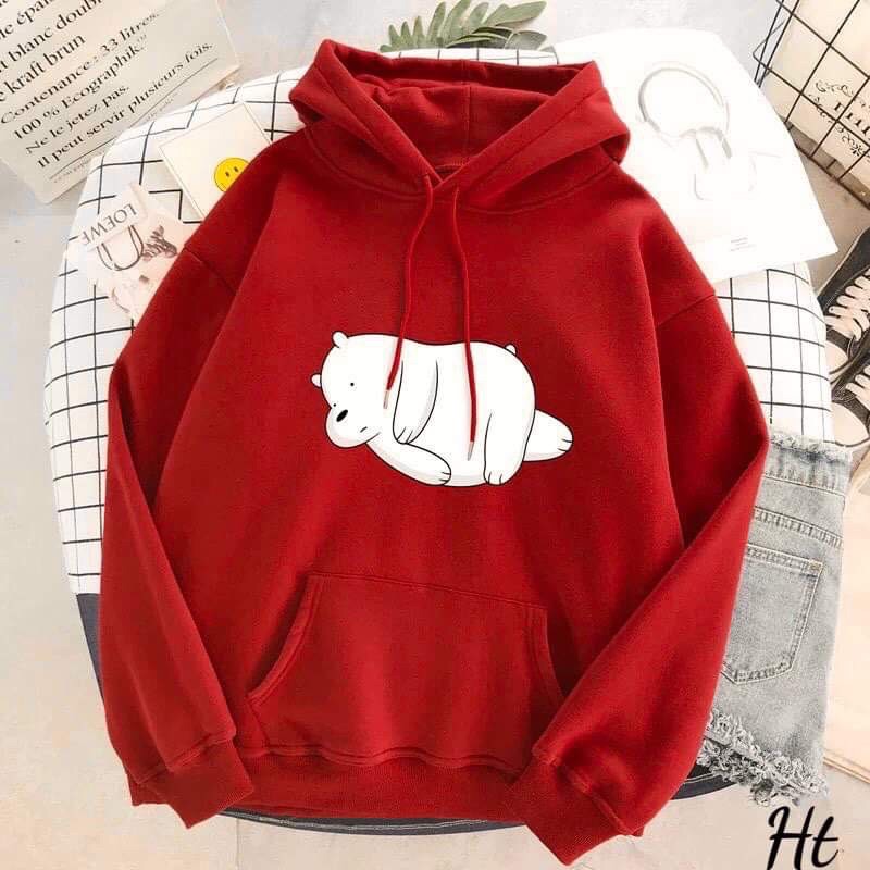 áo hoodie nỉ bông in gấu trắng ngủ, áo hodie gấu ngủ