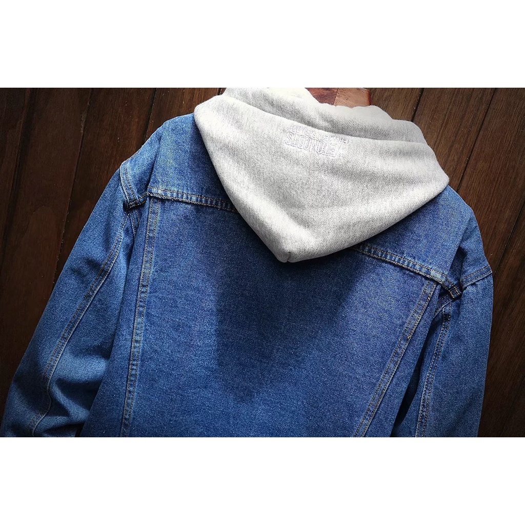 Áo Khoác Jean Có Mũ Trùm Đầu Tay Dài Dáng Rộng Thời Trang Xuân Thu Phong Cách Hàn Quốc Cho Nam