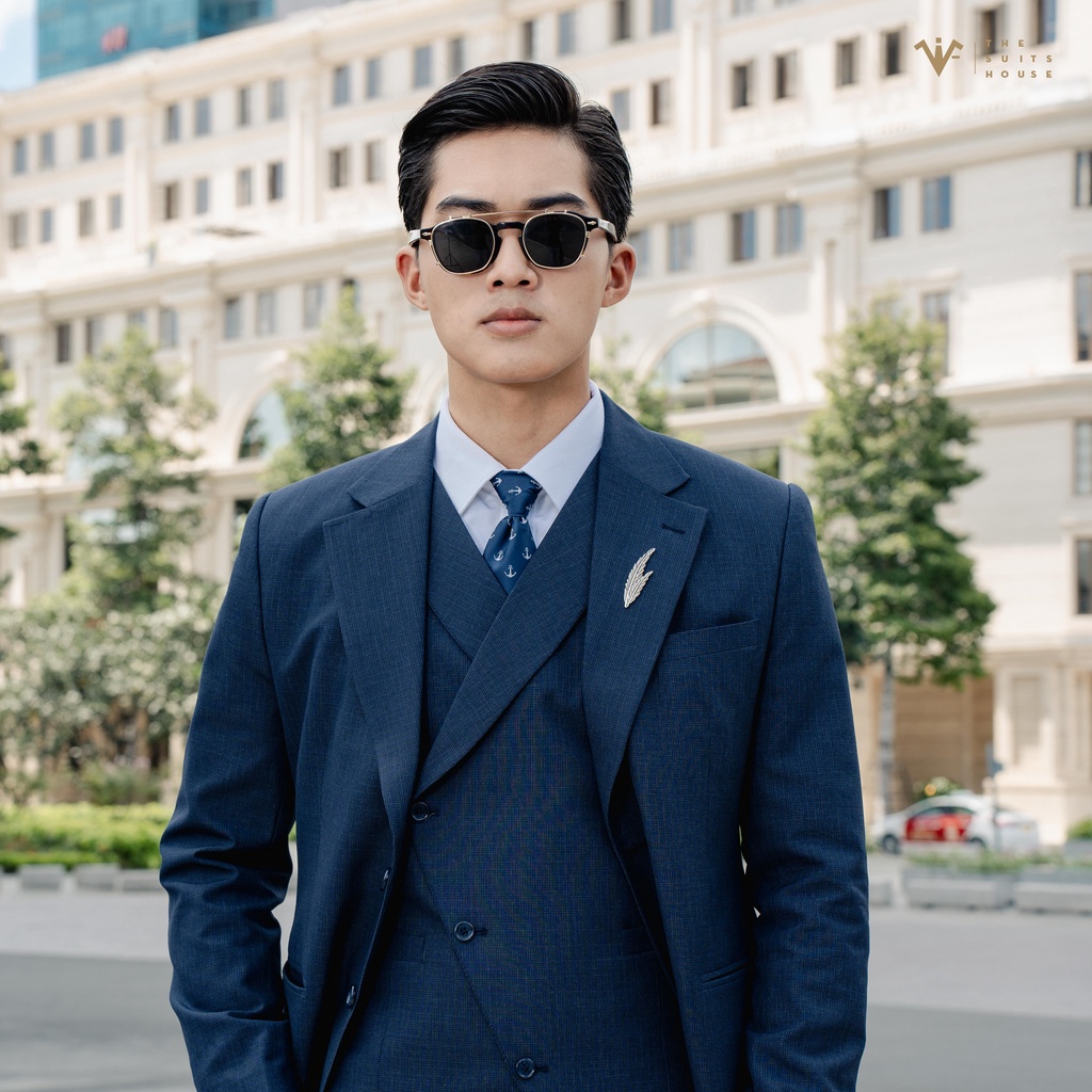 Bộ vest nam xanh gân phối gile, suits sartorial, chuẩn form The Suits House