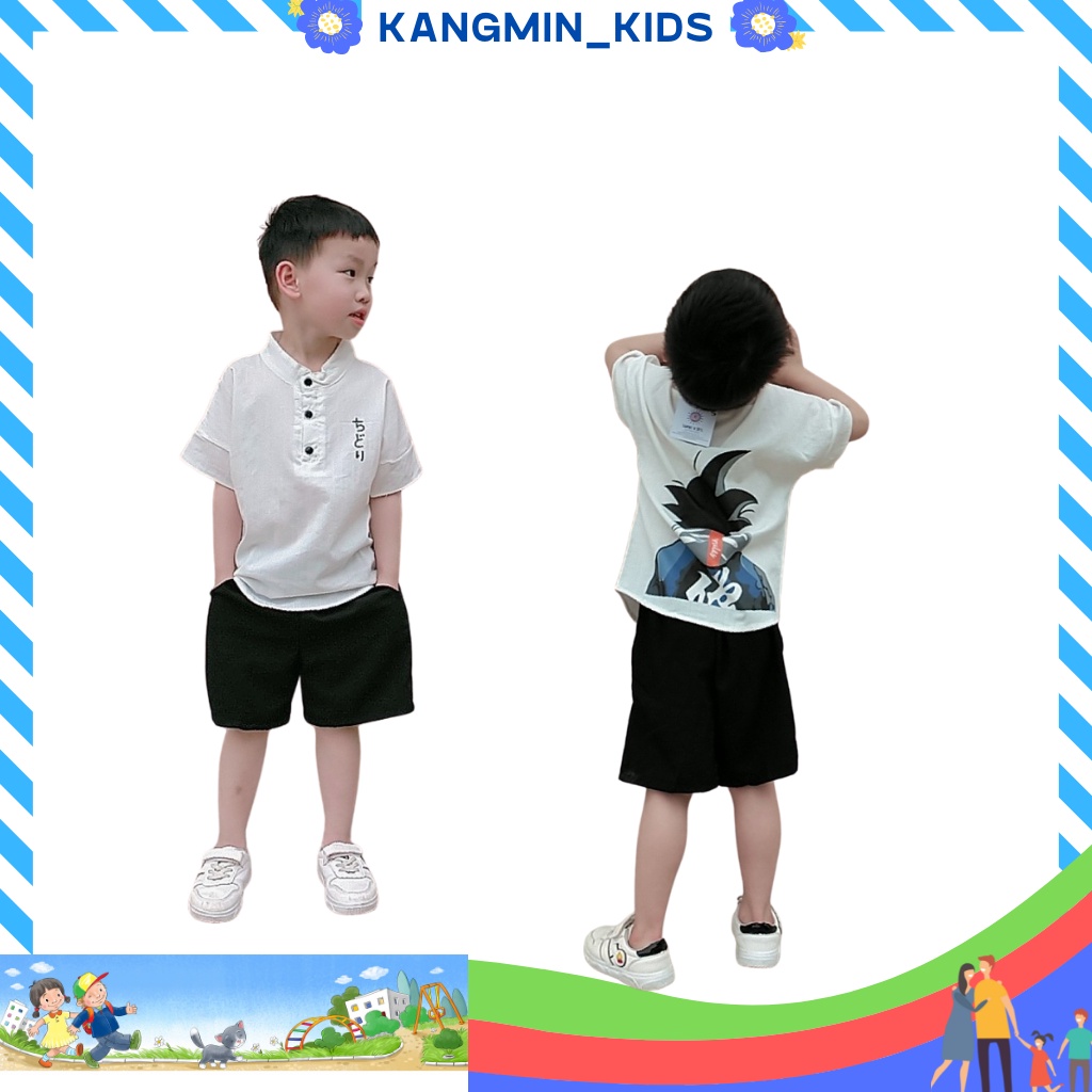 Bộ quần áo bé trai chất đũi Kangminkids, bộ cộc tay bé trai họa tiết hoạt hình Chidori001, quần áo trẻ em từ 6-27kg