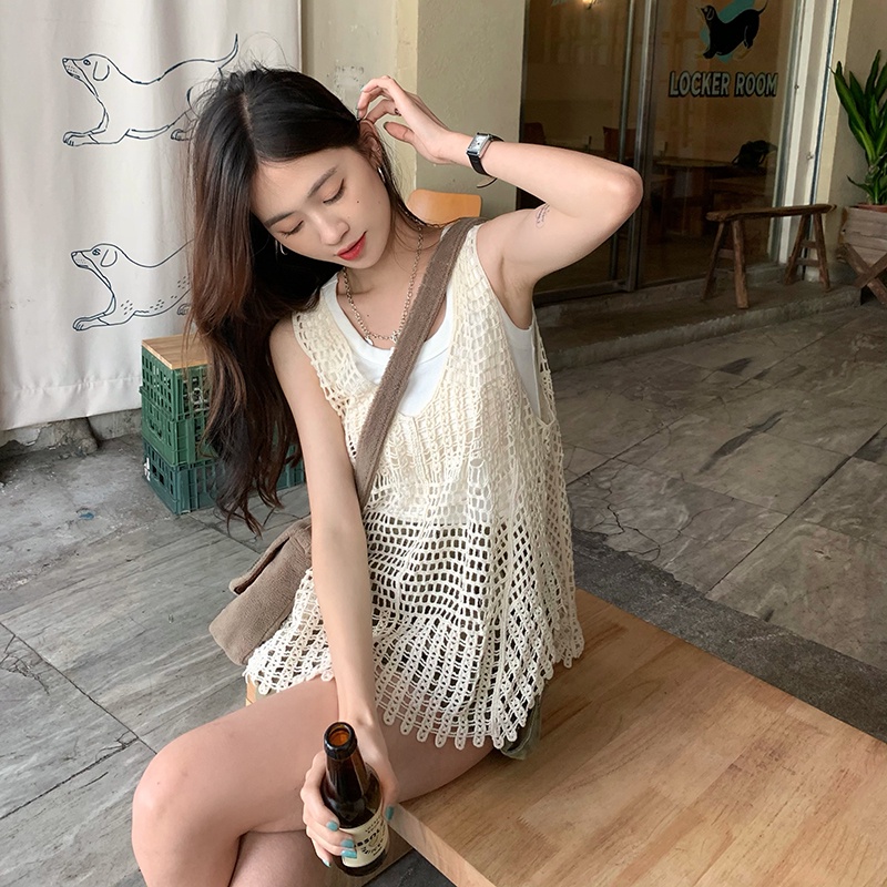 Xiaozhainv Áo Dệt Kim Không Tay Dáng Rộng Phong Cách retro Hàn Quốc Dành Cho Nữ