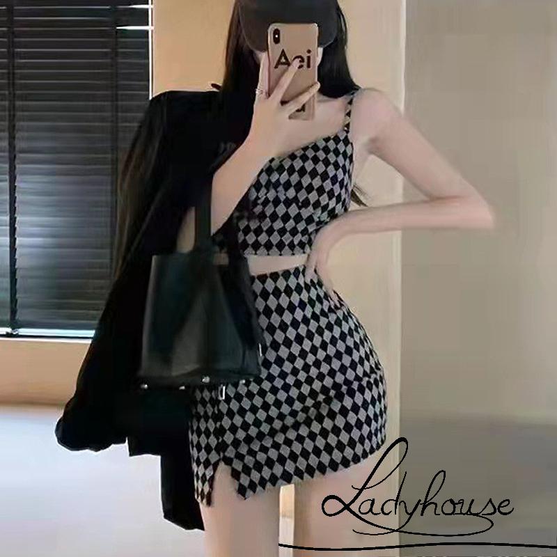 Ld-áo Tank Top + Chân Váy Cotton In Họa Tiết Kẻ Sọc Xẻ Tà Lưng Cao Thời Trang Mùa Hè Cho Nữ