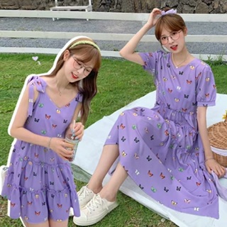 (Sẵn L)Váy tím hoạ tiết diện hè in hình bướm ulzzang