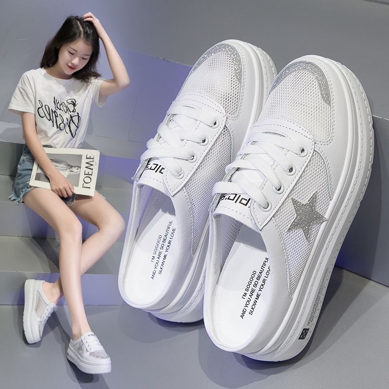 Dép Bít Mũi Đế Dày Tăng Chiều Cao Phối Lưới Thời Trang Cho Nữ