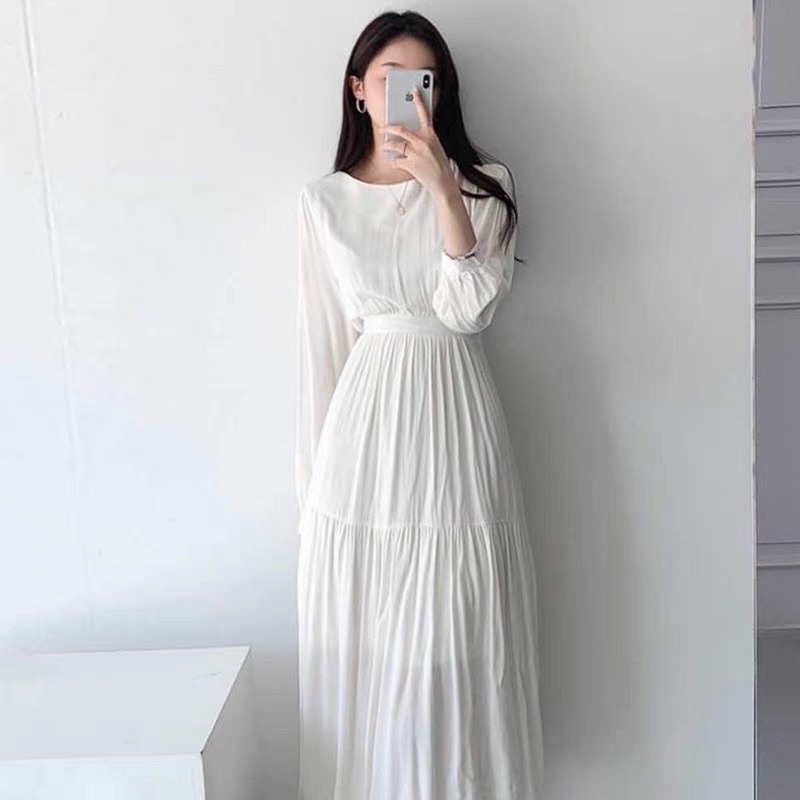 Váy liền thân cổ tròn dáng dài màu pastel hàn quốc phong cách nữ tính nhẹ nhàng
