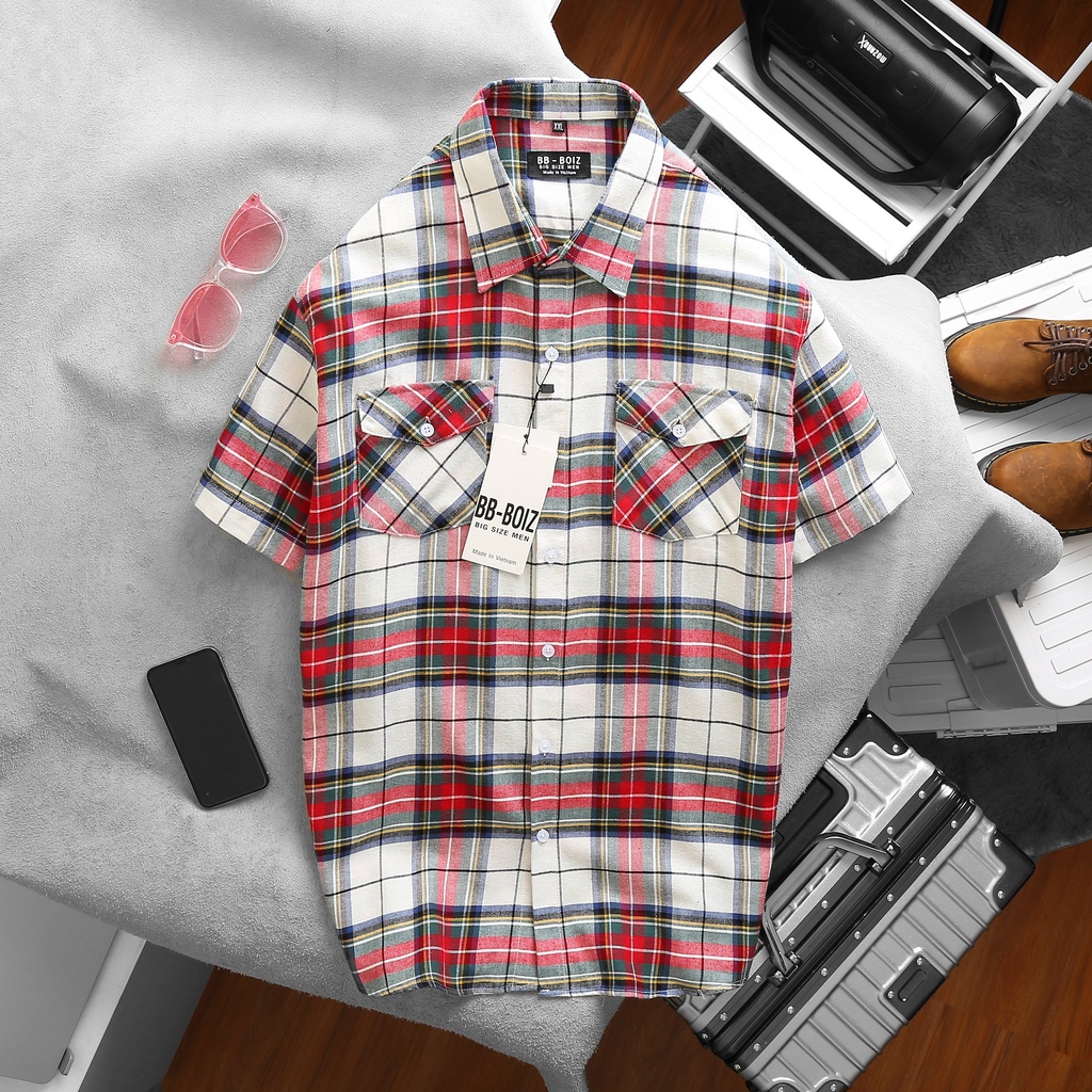 Áo sơ mi nam vải nỉ bigsize caro tay ngắn 6 màu 80 - 130kg