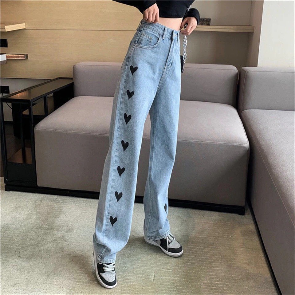 Quần Jeans Nữ Ống Rộng - Họa Tiết Trái Tim - Màu Xanh - Mã )1