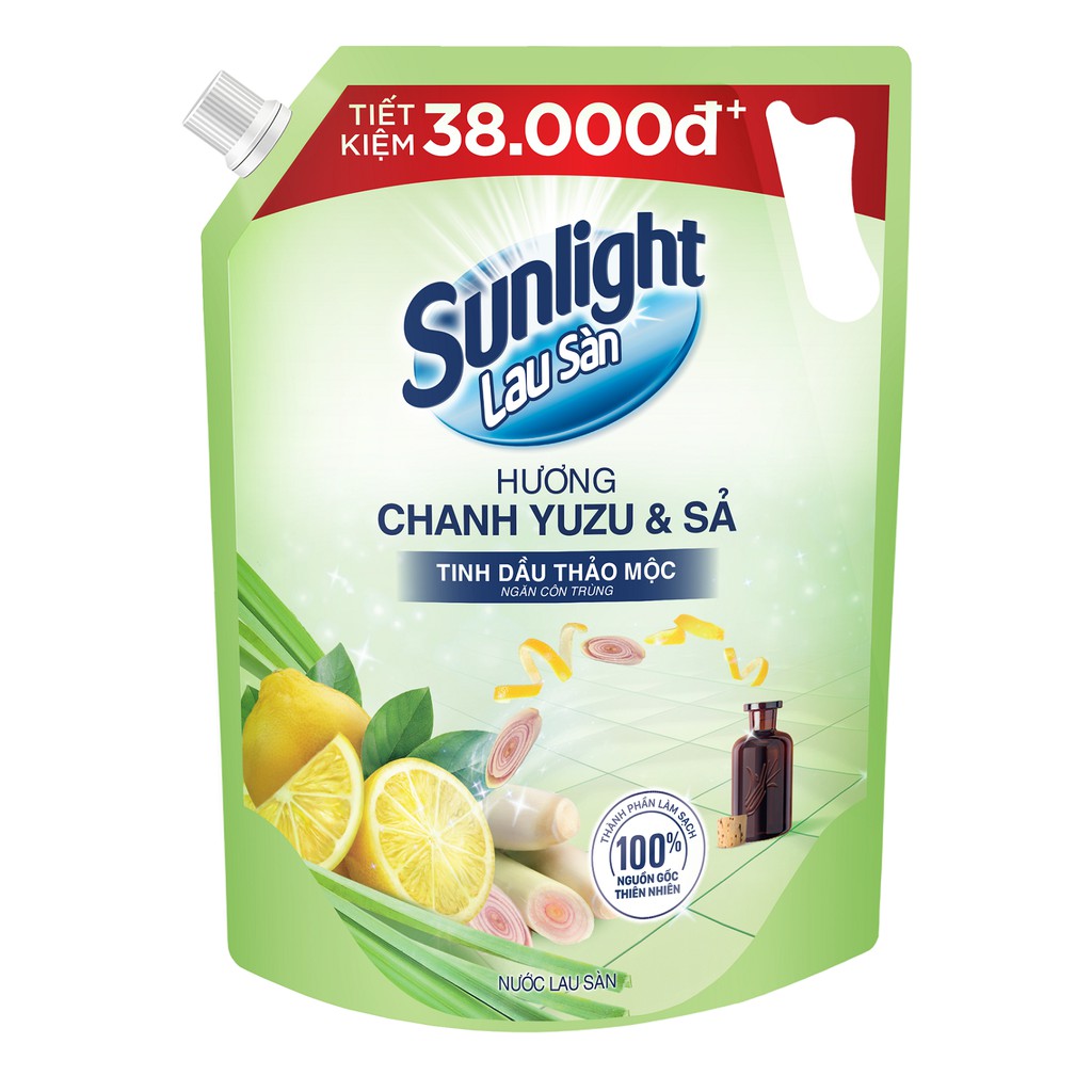 Nước lau sàn Cao Cấp Sunlight Tinh dầu Thảo mộc Ngăn côn trùng Túi 3.4kg (Chanh & Sả)