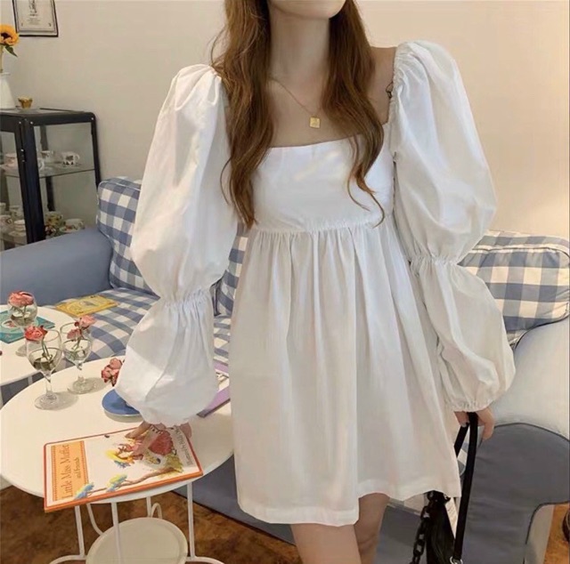 ĐẦM TRẮNG CỔ VUÔNG TAY BO CHUN NƠ LƯNG | BigBuy360 - bigbuy360.vn