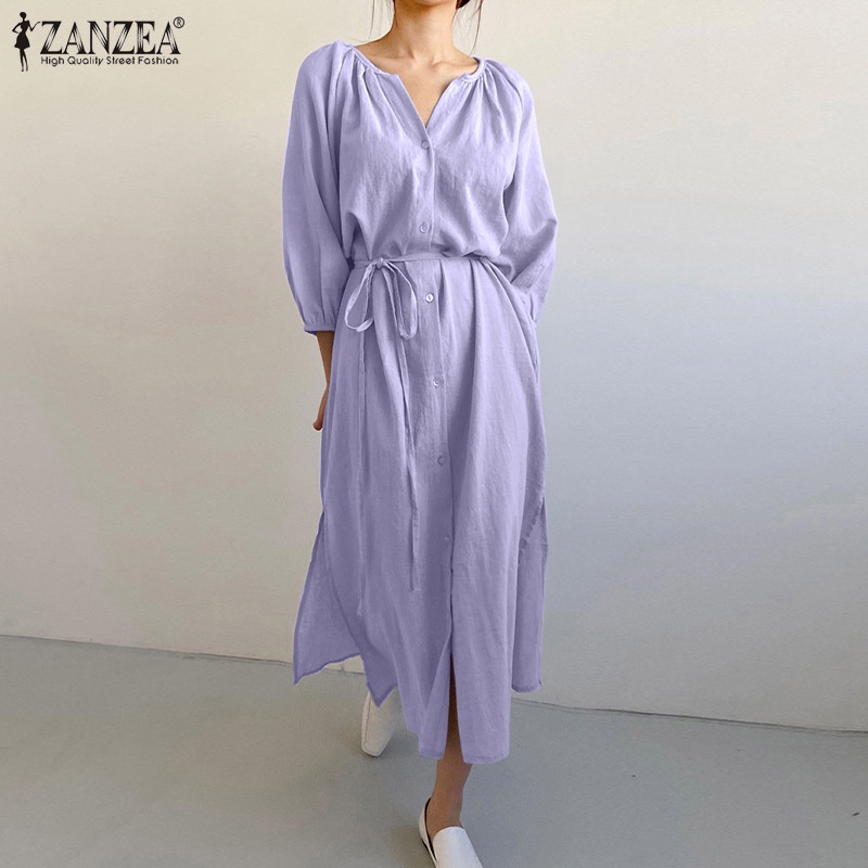 Đầm dài ZANZEA xẻ tà cổ tròn tay lỡ thời trang cho nữ