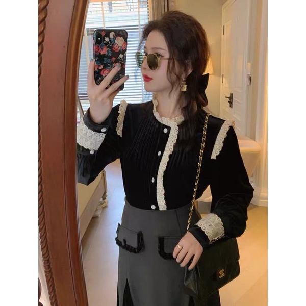 Ao nu/ Áo nhung đen phối cổ tay ren thu đông dành cho nữ