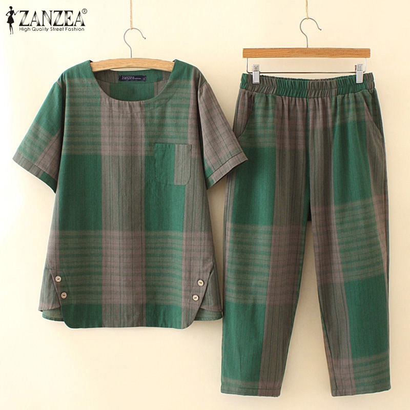 Set áo thun ngắn tay + quần dài ống rộng Zanzea thời trang nữ