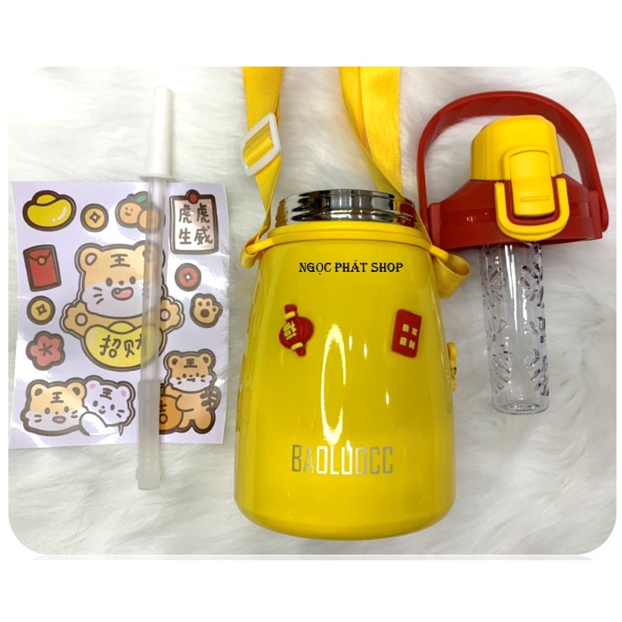 Bình giữ nhiệt 8660_850ml inox 304 màu Vàng hình Hổ_Có lọc trà