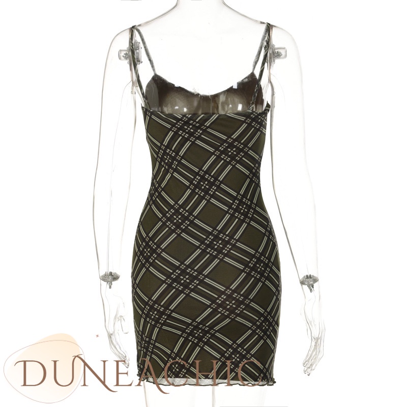 DUNEA Đầm hai dây họa tiết sọc caro phong cách vintage quyến rũ