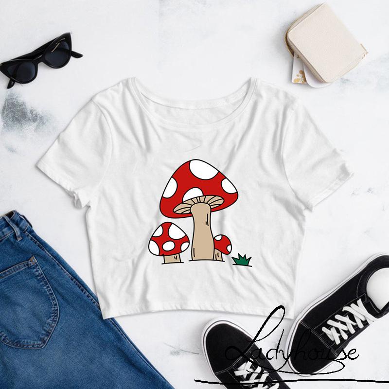 LD-Women Black Shirt, Round Neck Short Sleeves Mushroom Print Wrapped Casual Tops Elastic Sweater