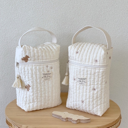 Túi Đựng Tã Lót Vải Cotton Nguyên Chất Thêu Họa Tiết Có Khóa Kéo Treo Xe Đẩy Em Bé Phong Cách Hàn Quốc Mới