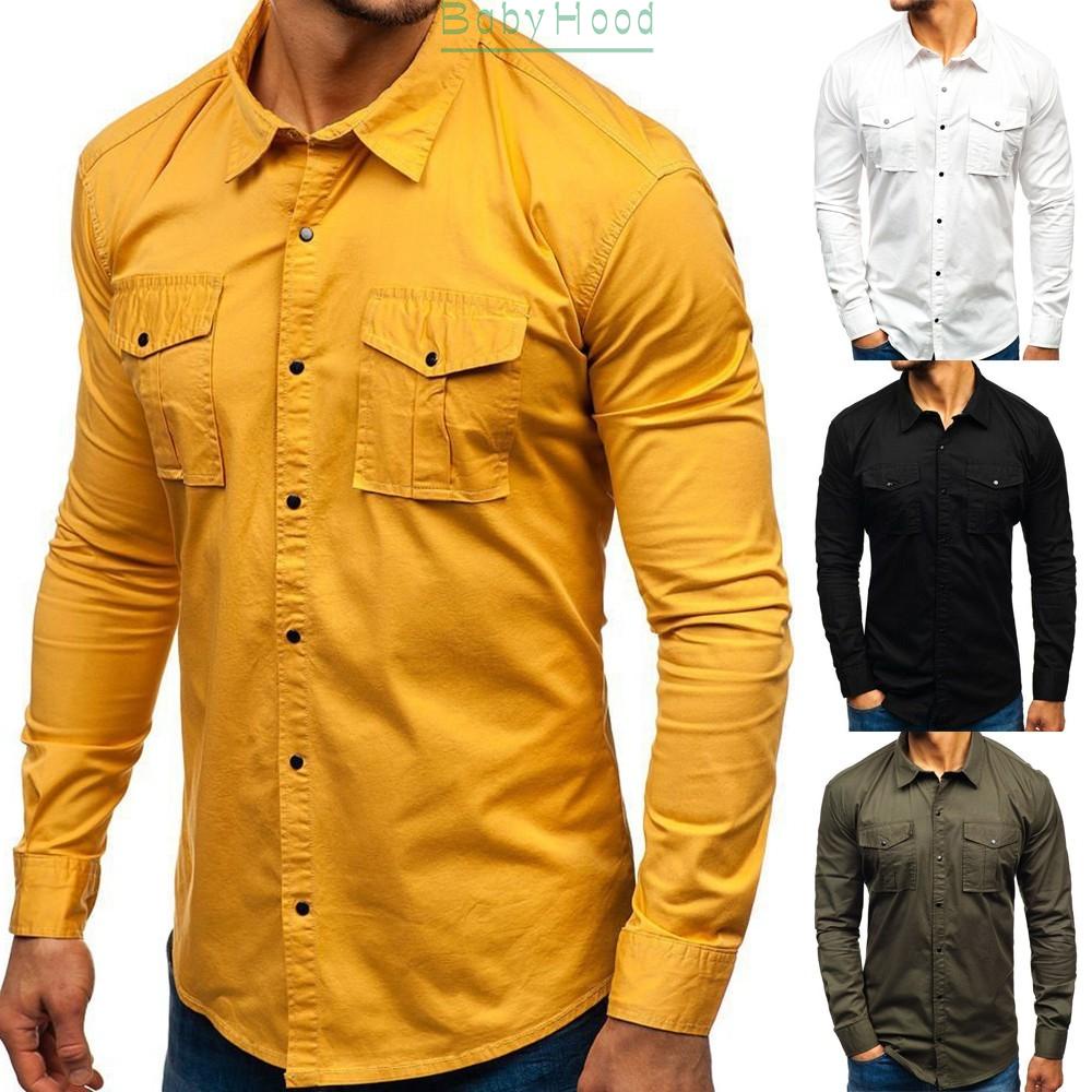 Áo Sơ Mi Cotton Polyester Phối Túi Đính Nút Kiểu Quân Đội Cá Tính Cho Nam Size M-2Xl