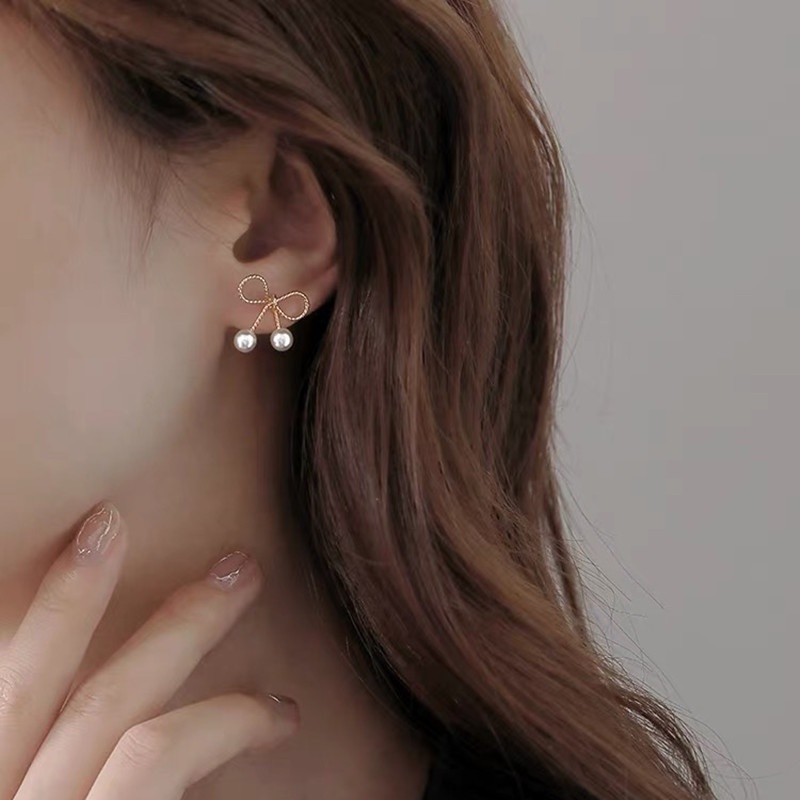 Bông Tai Mạ Bạc 925 Hình Nơ Đính Ngọc Trai Dễ Thương Phong Cách Hàn Quốc
