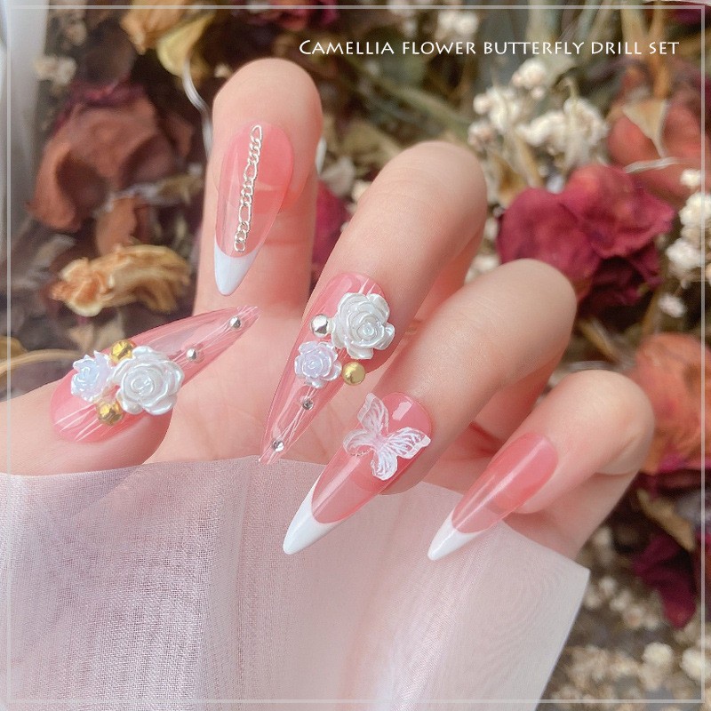 Bộ phụ kiện trang trí móng tay ROU BAO nghệ thuật hình hoa trà chuỗi ngọc trai đen trắng acrylic đính đá DIY