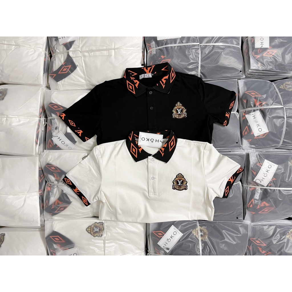 Áo thun nam cổ trụ tay ngắn phối cổ,thêu ngực họa tiết logo LV áo chất cotton thoáng mát thời trang mùa hè hot trend