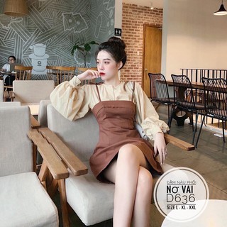 Bigsize Đầm nâu phối nơ vai D636