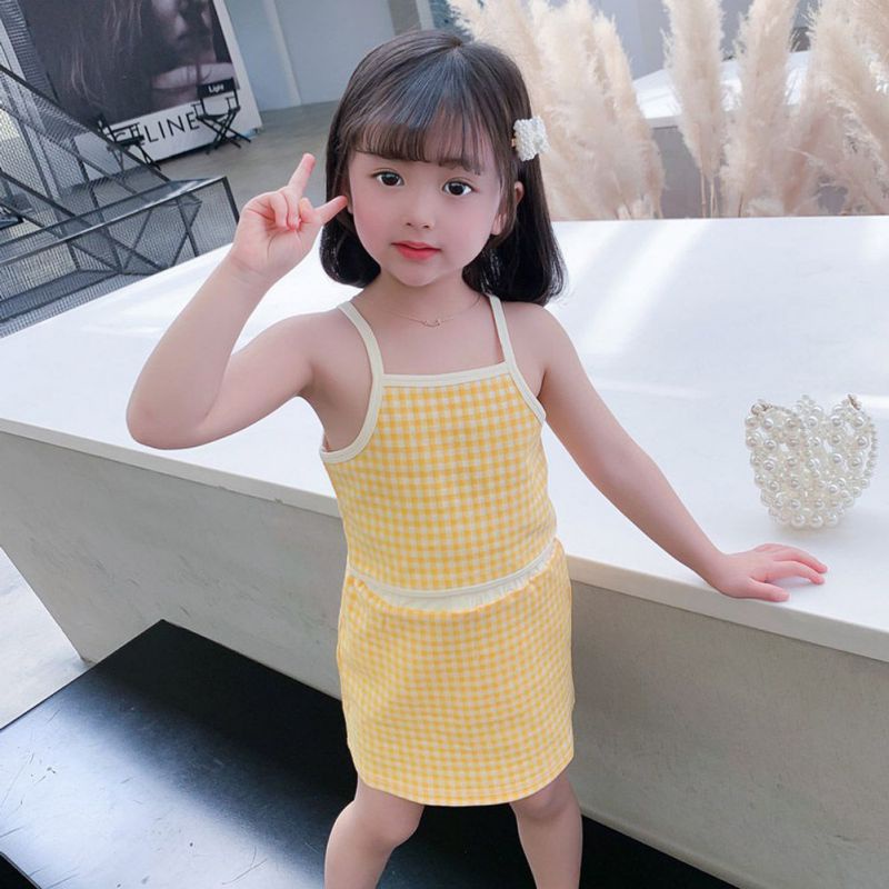 Bộ Áo Hai Dây + Chân Váy Họa Tiết Kẻ Sọc Phong Cách Phương Tây Thời Trang Mùa Hè Cho Bé Gái